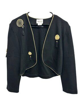 Leslie Fay Sz 8P Black Gold Trim Tassel Cropped Jacket Retro Maximalist Luxury